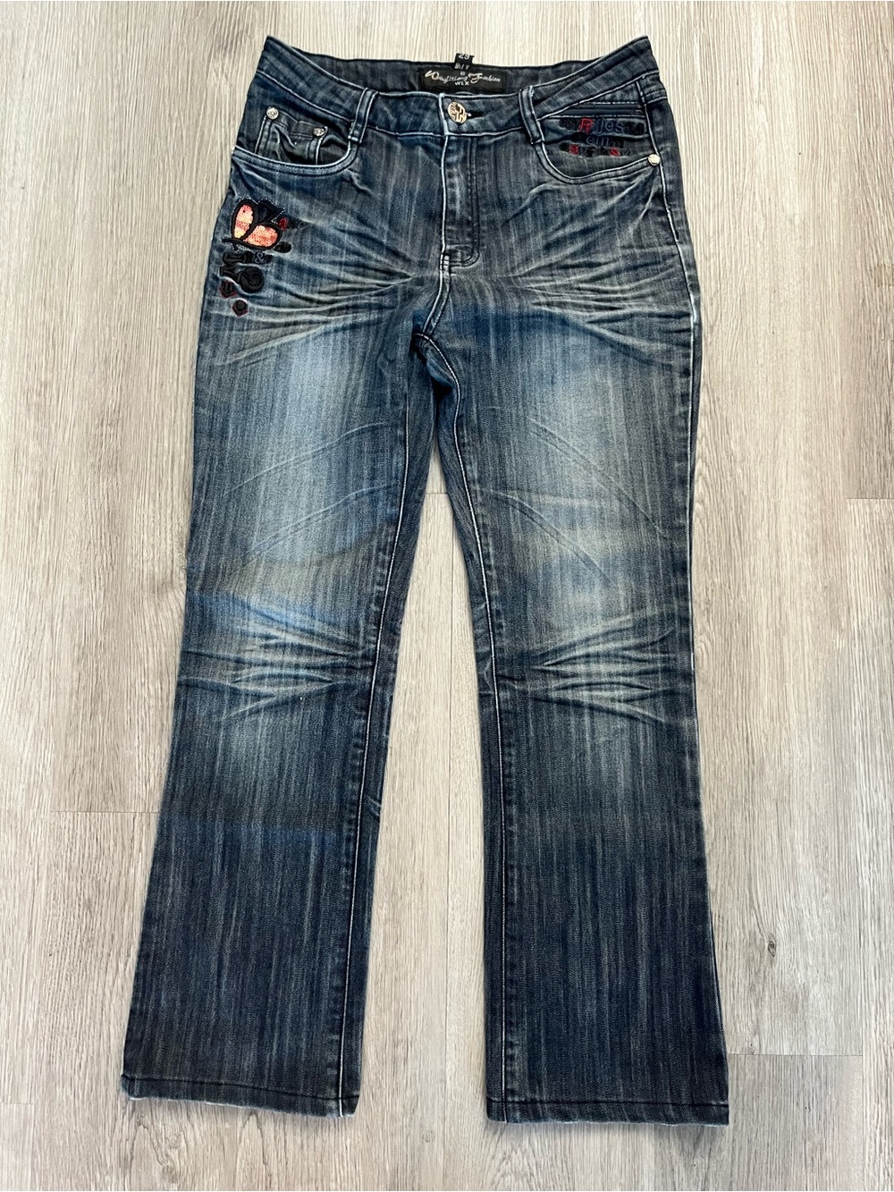 377–Women’s Boot Cut Jeans with Subtle Embroidery - Dark Blue